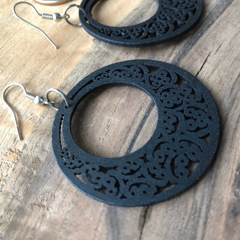 Black Wood Laser Cut out Lightweight Earrings
